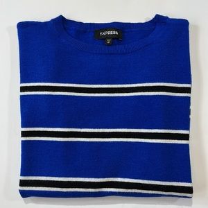 Express Royal Blue White Black Stripe Crew Neck Sweater Womens XS EUC